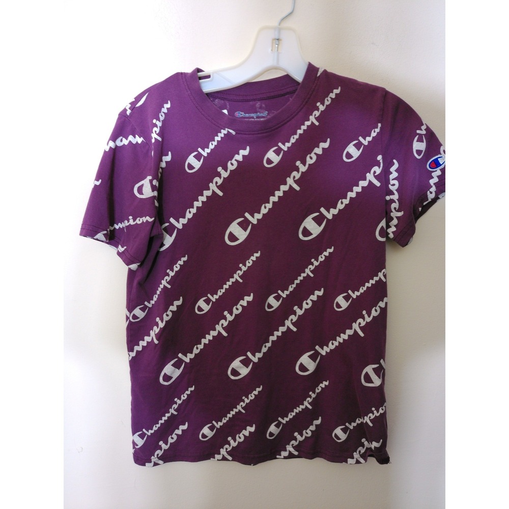 Champion T-Shirt Youth Large Purple All Over Logo Print Sporty Streetwear Tee